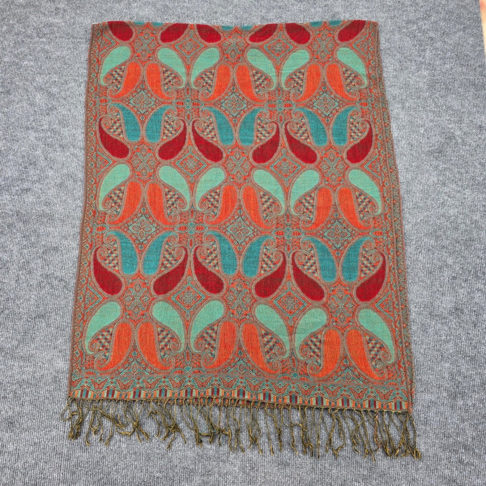 Paisley Pashmina Shawl Wrap Orange Teal Red Woven Fringed Scarf Rectangular